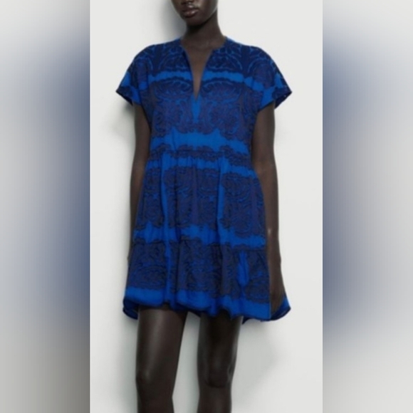 Zara Blue Mini Dress with Black Intricate Embroidery,  Size S - Picture 10 of 10